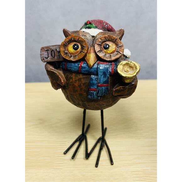Christmas Owl With Big Eyes Holding Presents & Metal Legs Rare - Picture 1 of 9